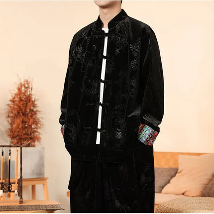 Giacca in velluto da uomo in stile cinese con stampa drago camicie da uomo tradizionale abito Tang Kung Fu Tai Chi camicie casual retrò abbigliamento da uomo