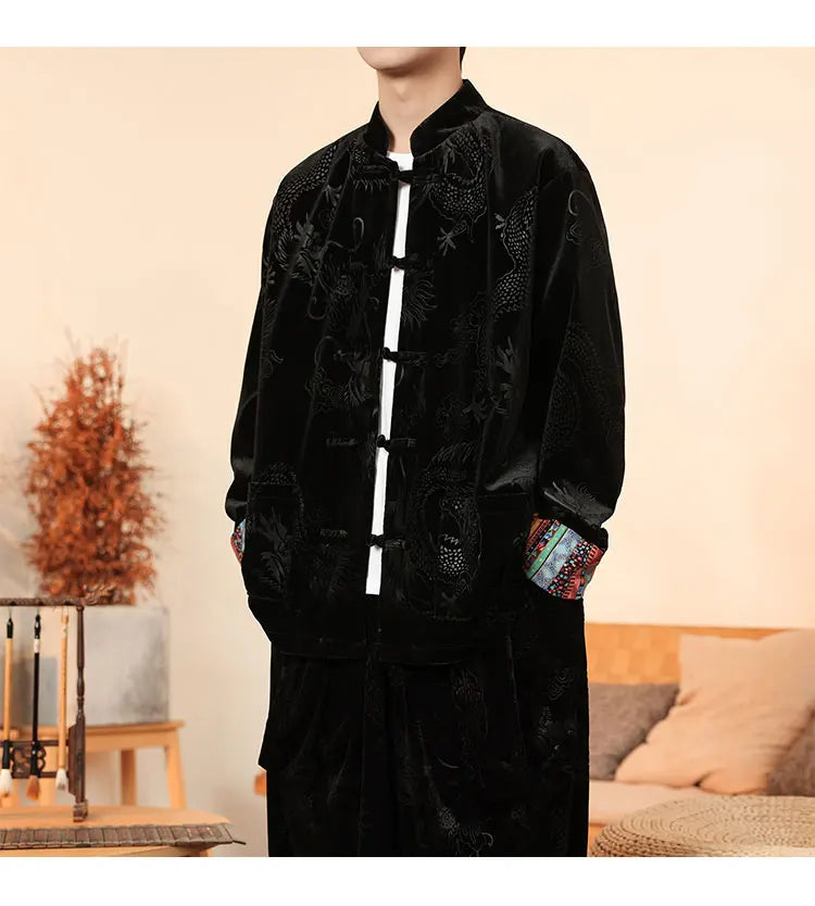 Giacca in velluto da uomo in stile cinese con stampa drago camicie da uomo tradizionale abito Tang Kung Fu Tai Chi camicie casual retrò abbigliamento da uomo