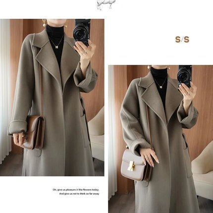 100% Wool Coat Women's Wear 2026 Autumn/Winter Fashion Temperament Double sided Cashmere Coats with Belt Elegant Long Overcoat