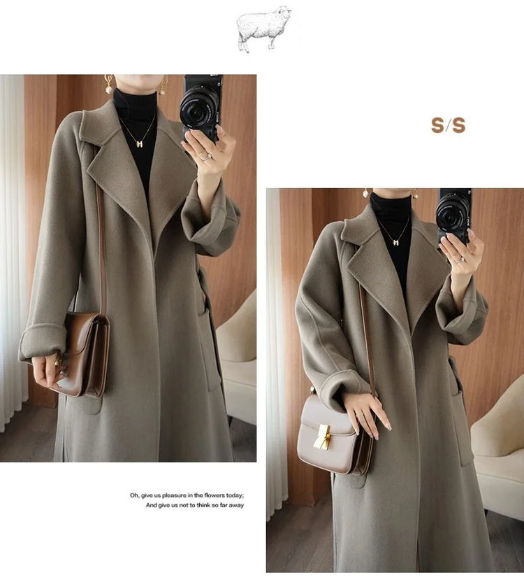 100% Wool Coat Women's Wear 2026 Autumn/Winter Fashion Temperament Double sided Cashmere Coats with Belt Elegant Long Overcoat