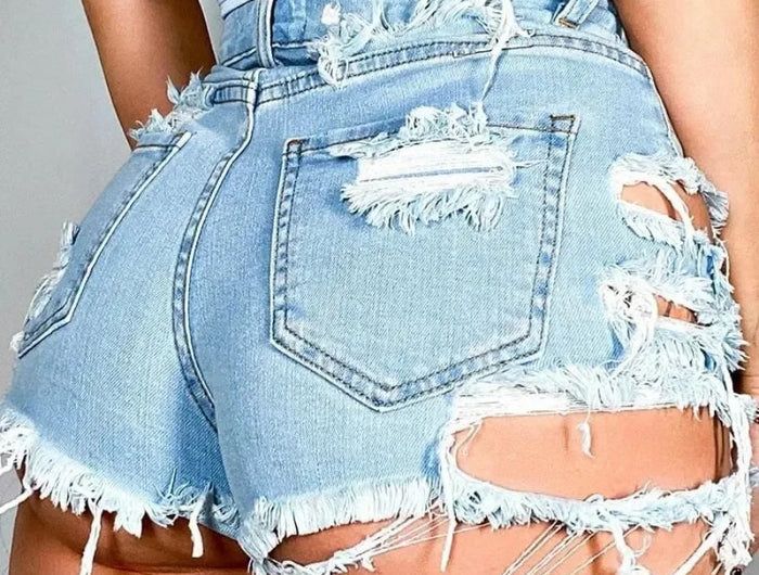 Women Shorts Denim Jeans Washing Sexy Slim Fit Distressed Spliced High Waist Holes Button Pockets Summer 2025 Solid Tassel PlatiNum