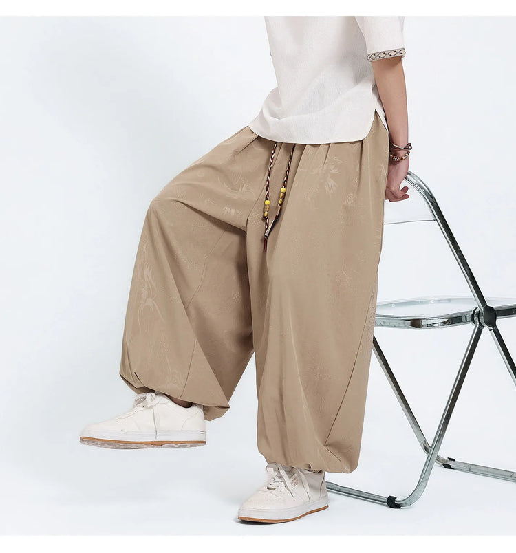 Pantaloni Estivi da Uomo Stile Cinese in Seta Ghiaccio con Motivo Drago Ukiyo-e, Comodi e Trendy, Pantaloni Casual Oversize da Uomo