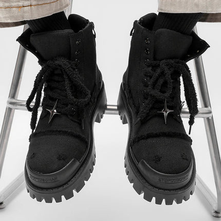 Four cornered star thick soled men high top boots European American anti kick height increasing anti slip retro motorcycle boots