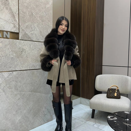 Lady Faux Fur Collar Cuffs Patchwork Short Overcoat  Belted Lace Up Loose Warm Jacket New Winter Daily Street Women's Outerwear