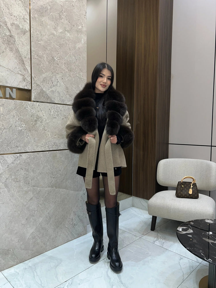 Lady Faux Fur Collar Cuffs Patchwork Short Overcoat  Belted Lace Up Loose Warm Jacket New Winter Daily Street Women's Outerwear