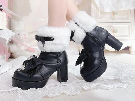 Original Japanese Sweet Cute Style Versatile Bow High Heel Boots Autumn Winter Mass-Produced Rhinestones Fur Short Boots