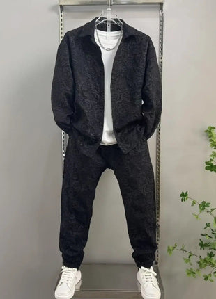 New Spring and Autumn Men's Casual Suit Lapel Jacquard Shirt Trousers Two-piece Set Comfortable Loose PlatiNum