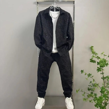 New Spring and Autumn Men's Casual Suit Lapel Jacquard Shirt Trousers Two-piece Set Comfortable Loose PlatiNum