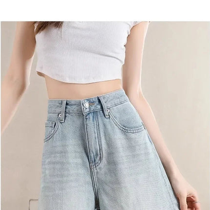 Blue Denim Shorts For Women High-Waisted Loose-Fit Slimming Casual Straight-Leg Mid-Length Summer New Arrival 2024 PlatiNum