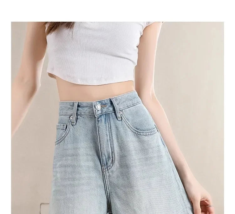 Blue Denim Shorts For Women High-Waisted Loose-Fit Slimming Casual Straight-Leg Mid-Length Summer New Arrival 2024 PlatiNum