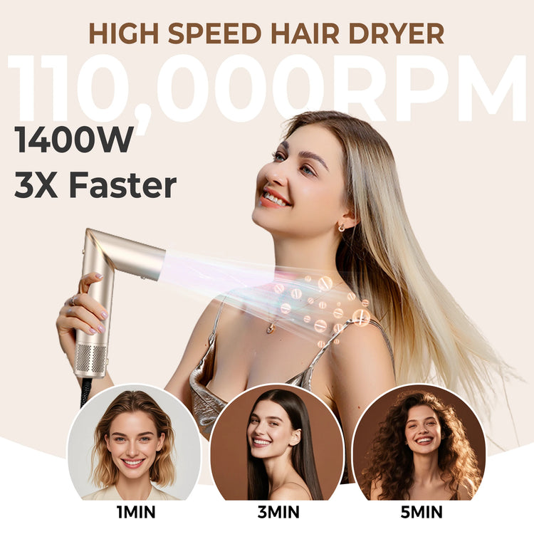 UKLISS 643 Champagne Color 8-in-1 Hot Air Styler Set, Detachable Multi Functional Hair Styling Tool, Hair Dryer, Curling Wand, Straightening Brush & Flat Iron All in One, Foldable Rotatable Auto Curler for Quick Drying, Smoot