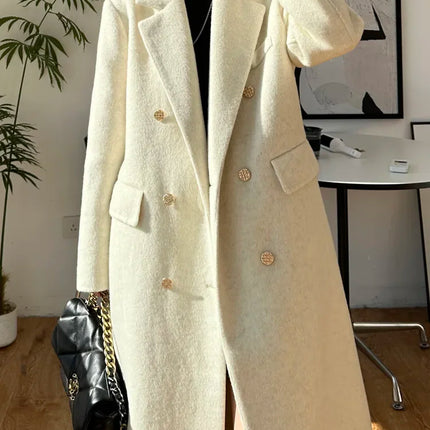 High-end Thick Double-sided Wool Coat Female Fashion Long  Autumn Winter Lapel Double Breasted Wool Coat Women Loose Outerwear