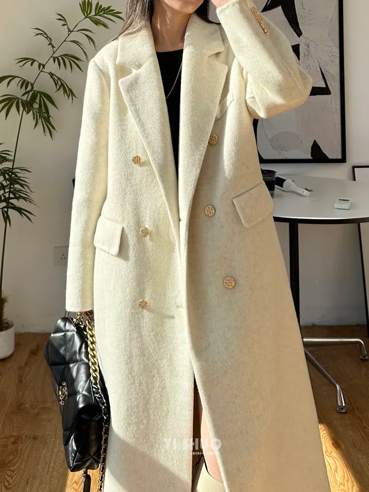 High-end Thick Double-sided Wool Coat Female Fashion Long  Autumn Winter Lapel Double Breasted Wool Coat Women Loose Outerwear