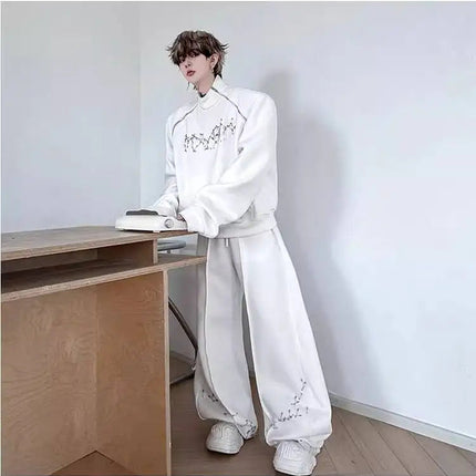 LUZHEN Fashion Street Two-piece Sets Men's Zipper Shoulder Design Long Sleeve Sweatshirt 2025 Autumn Loose Wide Leg Pants JY3912 PlatiNum