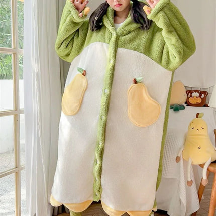 Cartoon Animal Fox Pajamas Women's Winter Coral Fleece Thickened One-Piece Plush Cute Long Hooded Plus Size Robe Home Wear