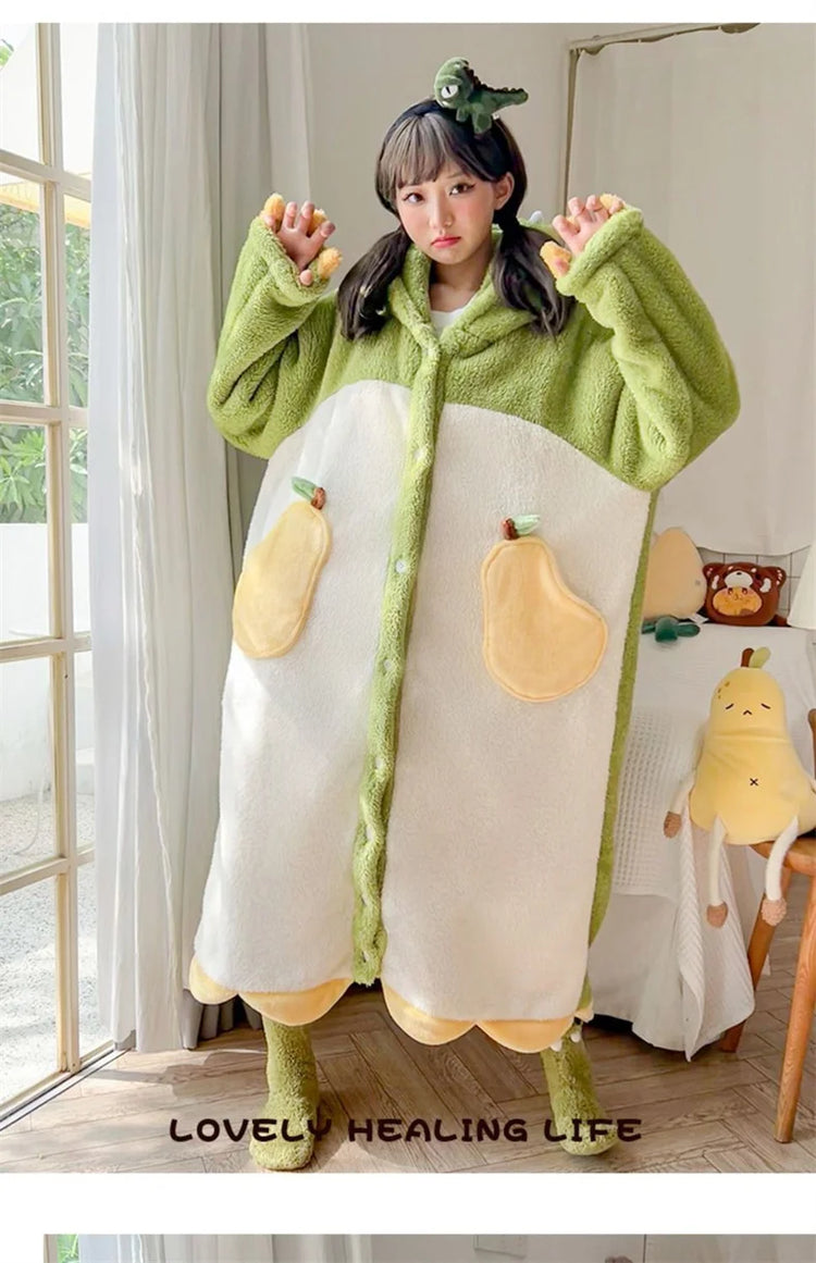 Cartoon Animal Fox Pajamas Women's Winter Coral Fleece Thickened One-Piece Plush Cute Long Hooded Plus Size Robe Home Wear