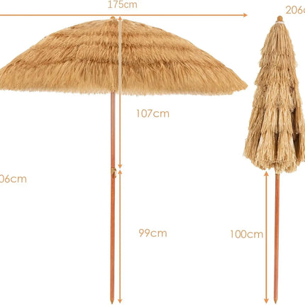 Ombrellone hawaiano, diametro 175 cm, ombrellone da spiaggia, paglia, 30 °   Ombrellone da Giardino Pieghevole, Ombrellone in Paglia, per Balcone, Spiaggia