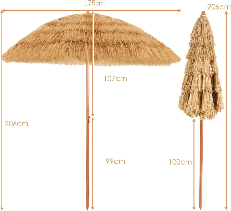 Ombrellone hawaiano, diametro 175 cm, ombrellone da spiaggia, paglia, 30 °   Ombrellone da Giardino Pieghevole, Ombrellone in Paglia, per Balcone, Spiaggia