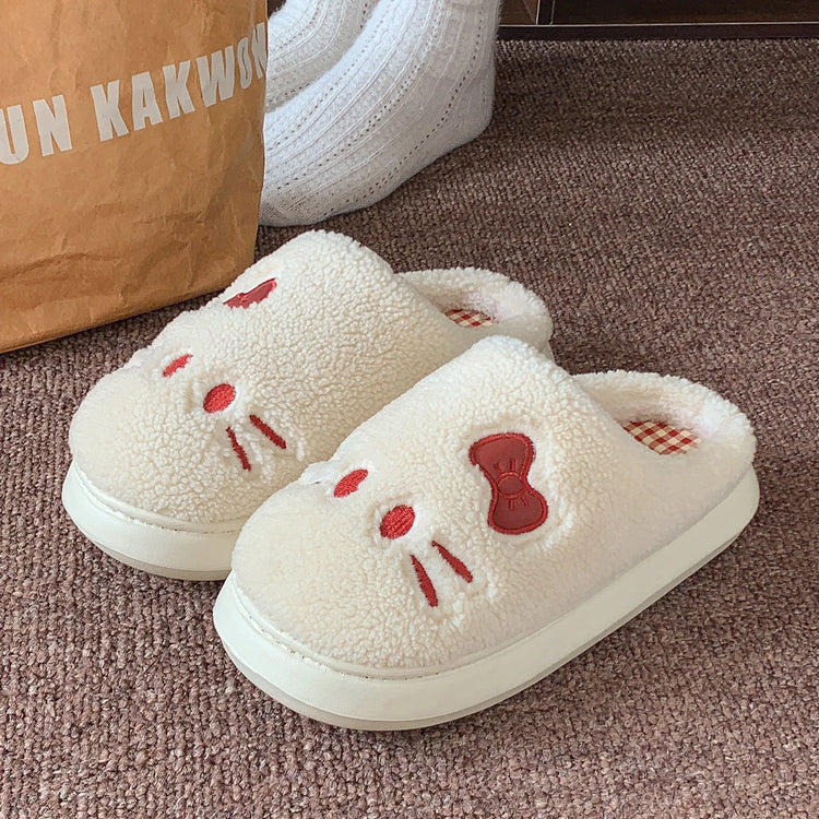 Cute Cat Winter Warm Slippers Women Men Fluffy Plush Home Shoes Red Bowknot Plaid Lining Indoor Bedroom Cotton Slides Mules New