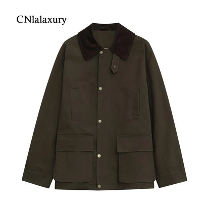 CNlalaxury Women 2025 Autumn New Fashion Contrast Collar Long Sleeve Jacket Casual Warm Coat High Street Outerwear Mujer