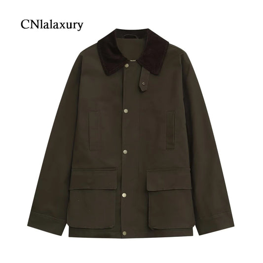 CNlalaxury Women 2025 Autumn New Fashion Contrast Collar Long Sleeve Jacket Casual Warm Coat High Street Outerwear Mujer