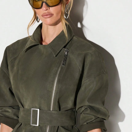 Belt Zipper Top with Waist Cinching American and European Style Streetwear Notched Lapel Thick No Hood Women Autumn Jacket