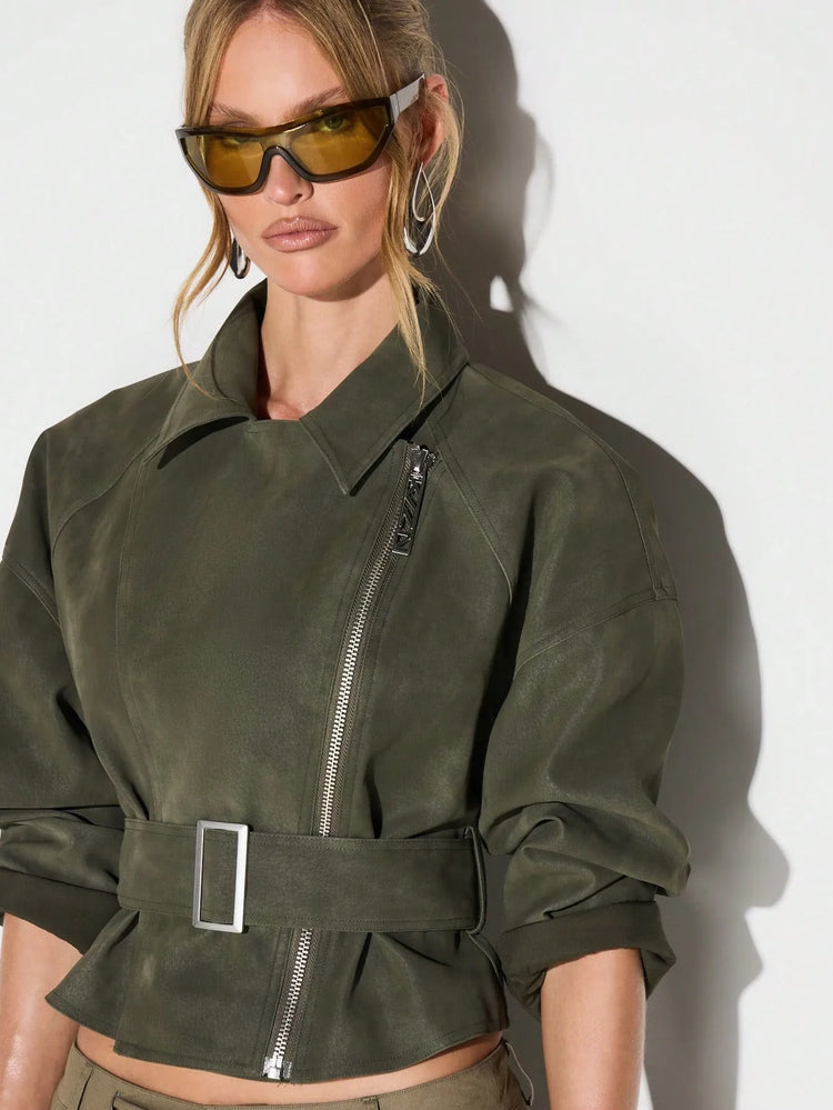 Belt Zipper Top with Waist Cinching American and European Style Streetwear Notched Lapel Thick No Hood Women Autumn Jacket
