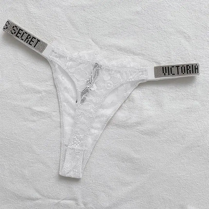 Satin Letter Rhinestone G-String Women Underwear Sexy Lace Lingerie Low Waist Seamless Panties Panties