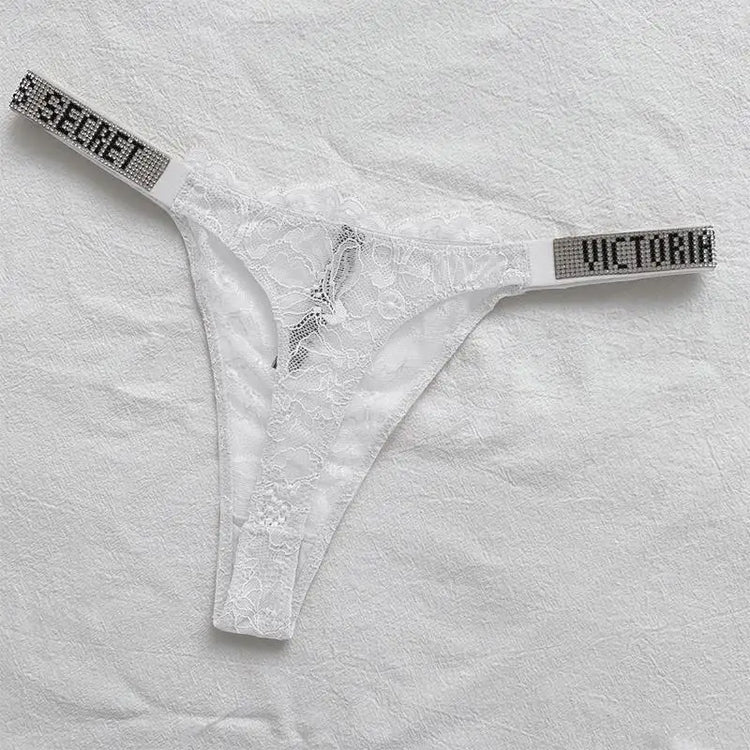 Satin Letter Rhinestone G-String Women Underwear Sexy Lace Lingerie Low Waist Seamless Panties Panties