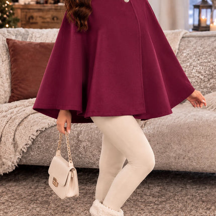 Women's Autumn and Winter Solid Color Elegant Cape with Gold Buttons and Belt Design