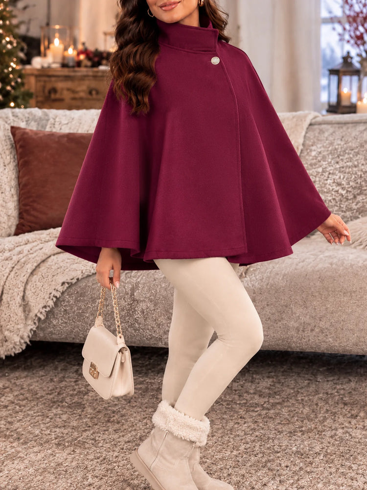 Women's Autumn and Winter Solid Color Elegant Cape with Gold Buttons and Belt Design