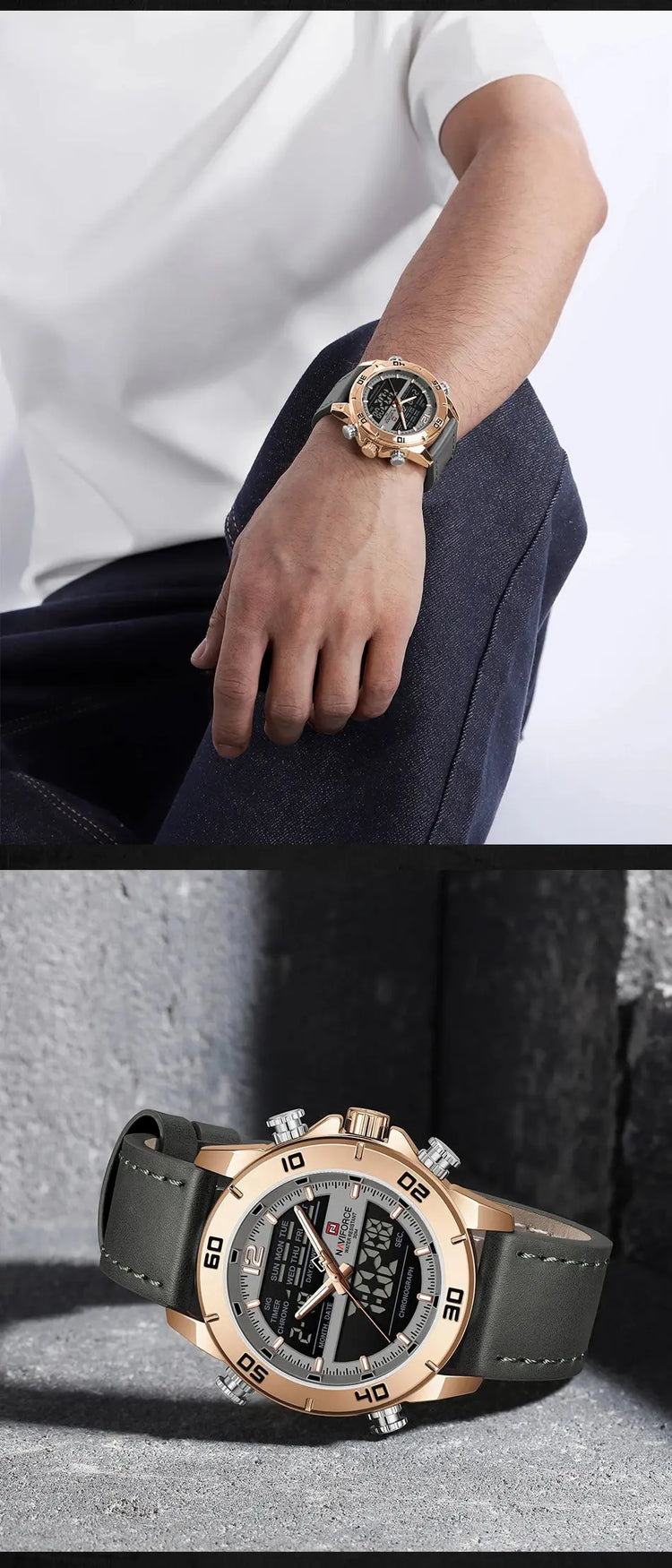 NAVIFORCE Orologio alla moda da uomo con cinturino in vera pelle Movimento al quarzo resistente all'acqua 30M Display luminoso con giorno e data F platinumshop
