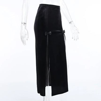 Damen-Punk-Rock-Stil-Rock, neuartiger eleganter langer Rock für Halloween und Festivals, hohe Taille, schlanke Passform, mit sexy Schleife und seitlichem Schlitz, Knielang