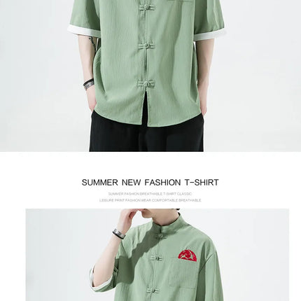 Camicie Retrò da Uomo Ricamate Stile Kung Fu Tai Chi, Camicie Casual a Maniche Corte, Stile Cinese in Lino Traspirante e Cotone per Uomo