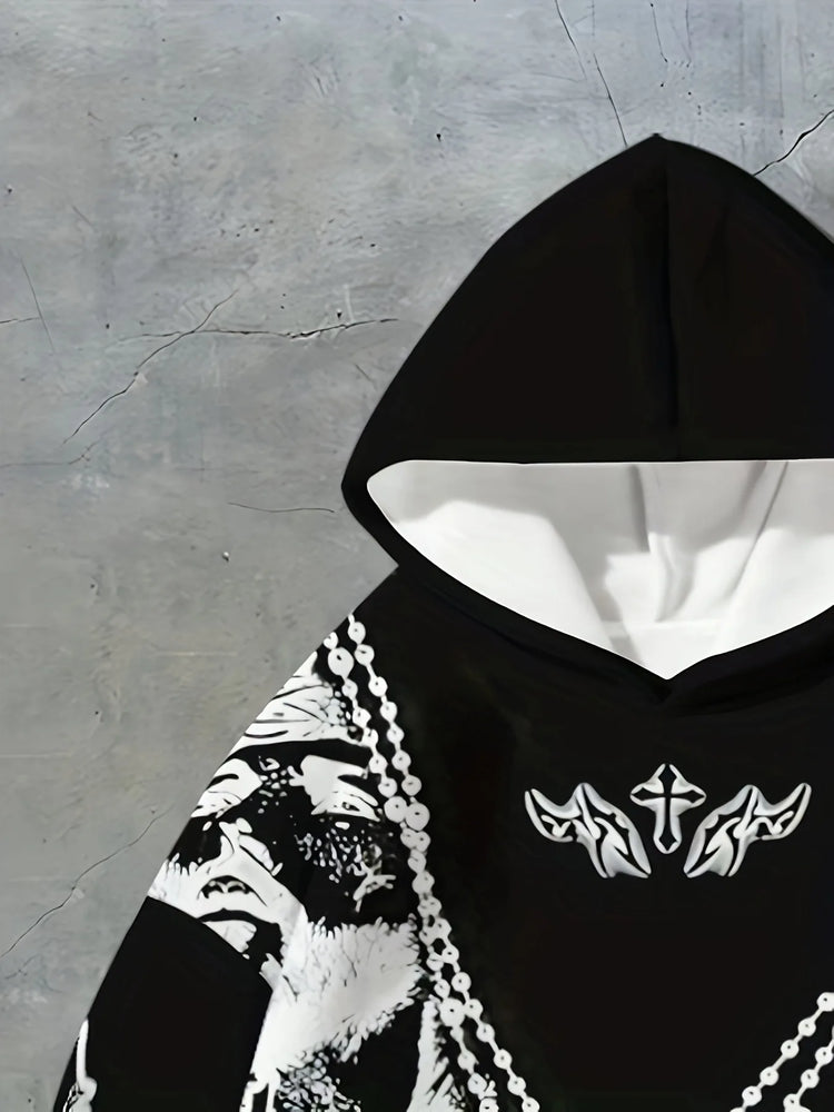 Gothic Cross Graffiti Hoodie Men Women Black Chain Rose Print Casual Pullover Hooded Sweatshirt Hip Hop Sport Streetwear Tops