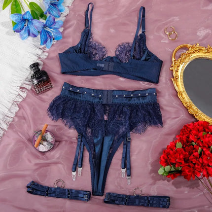 Toucheart Erotic Lingerie Lace See-through Bow Knot Decor Patchwork Body Shaping Hollow Intimate Women Flirt Hot Underwear Set