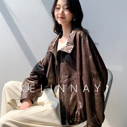Waxed Sheepskin Genuine Leather Moto Biker Jacket Women Cropped Stand Collar Zip Up Snap Button Loose Casual Autumn Outwear 2026