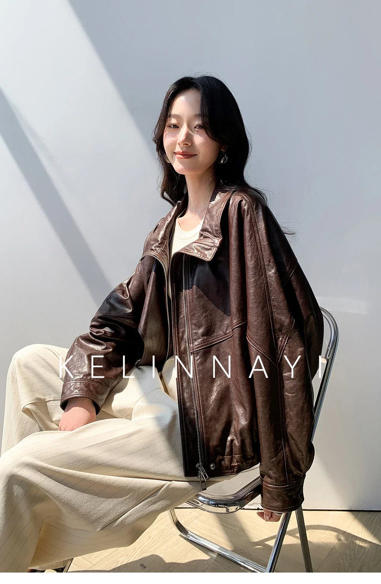 Waxed Sheepskin Genuine Leather Moto Biker Jacket Women Cropped Stand Collar Zip Up Snap Button Loose Casual Autumn Outwear 2026