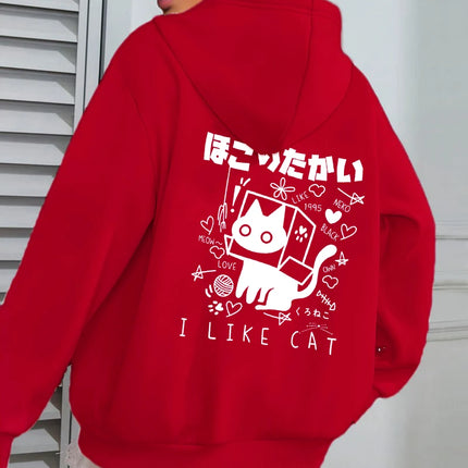 I Like Cat Heart Box Cat Print Women Hoody Autumn Fleece Hoodies Jogging Loose Streetwear Casual All-Match Female Hoodie