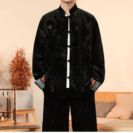 Giacca in velluto da uomo in stile cinese con stampa drago camicie da uomo tradizionale abito Tang Kung Fu Tai Chi camicie casual retrò abbigliamento da uomo