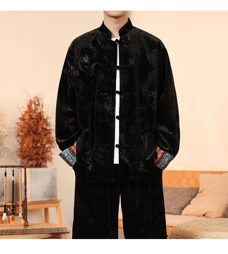 Giacca in velluto da uomo in stile cinese con stampa drago camicie da uomo tradizionale abito Tang Kung Fu Tai Chi camicie casual retrò abbigliamento da uomo