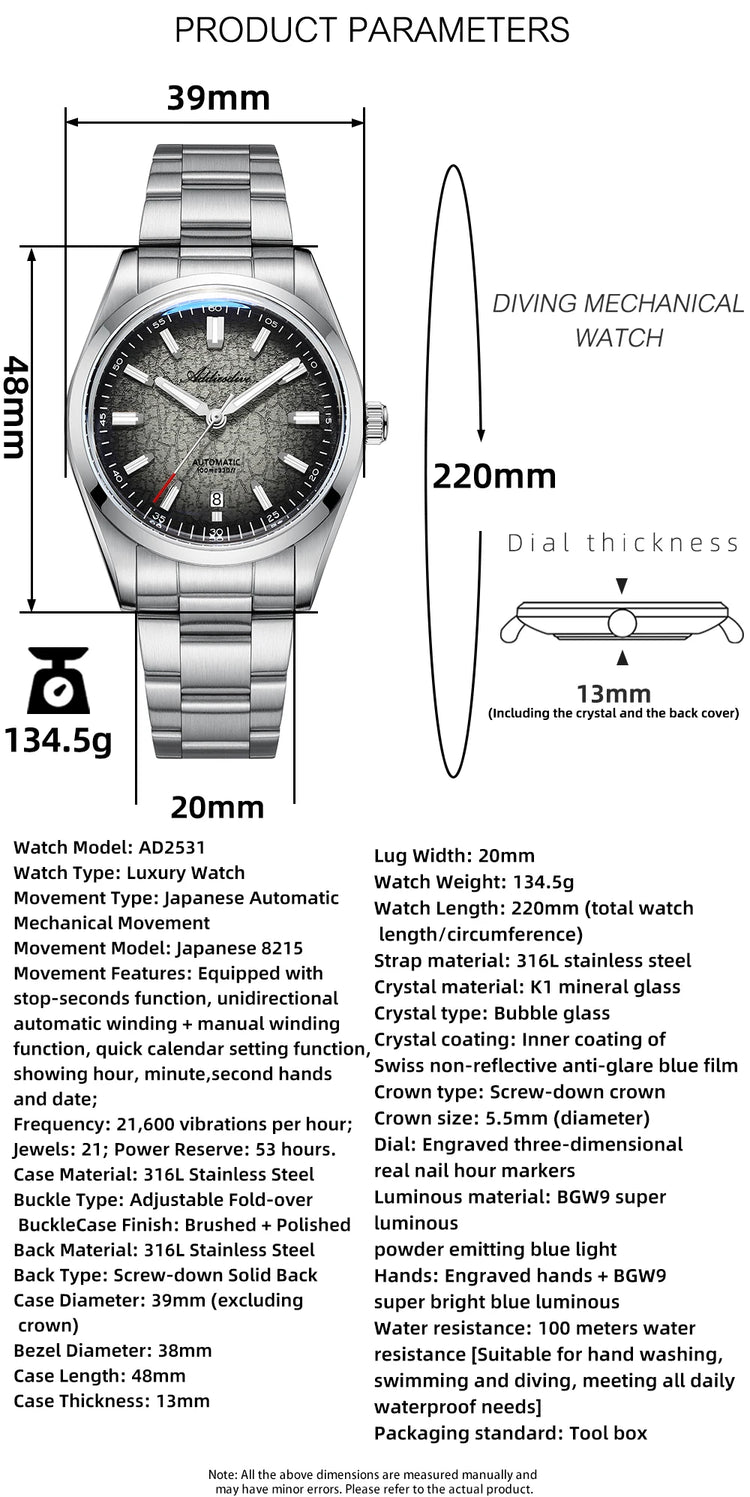 ADDIESDIVE Watch For Gift 39mm Automatic Mechanical Domed Glass 316L Stainless Steel Luminous Waterproof 200m Men Wristwatch New