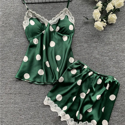 Nuovo set di biancheria intima da donna in due pezzi, composto da canotta e pantaloncini in raso a pois, stile europeo e americano, semplice e casual.