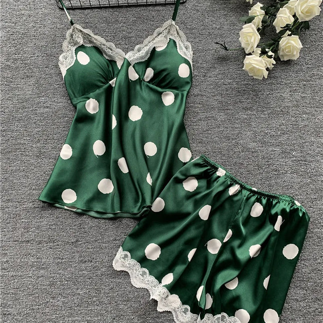 New two-piece women's underwear set, consisting of a polka dot satin camisole and shorts, European and American style, simple and casual.