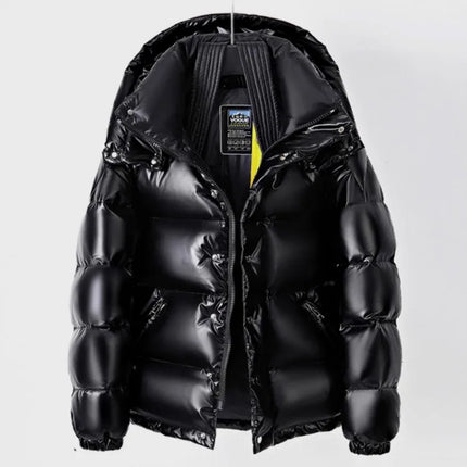 Fashion Mens Winter Mixed Colors Thick Warm 90% White Duck Down Jacket Bright Pu Leather Overcoat Streetwear Hooded Outwear Coat