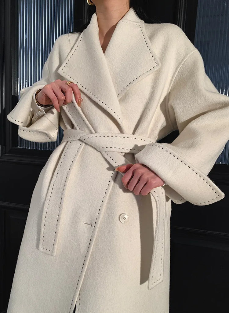 New Solid Korean Style Women Wool Coat Arch Needle Large Neck Versatile Fashion Texture Double Sided Trench Coats Female Winter