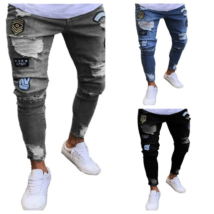 New embroidered fine grain jeans for men, cotton elastic hole slim fit hip-hop denim pants, casual jeans for men, jogging pants PlatiNum