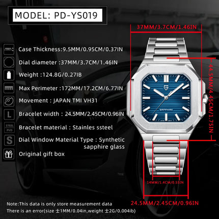 PAGANI DESIGN 37MM Orologio al Quarzo di Alta Gamma, Quadrato, Semplice ed Elegante, con Cristallo Zaffiro, Cassa in Acciaio Inossidabile, Regalo per Uomo