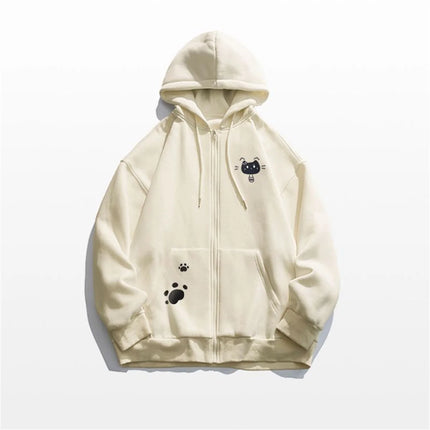 Spring And Autumn Thin Collection Fashion Trends Versatile Casual Lazy Wind 2025 New Cute Girl Zipper Fun Cat Print Hooded