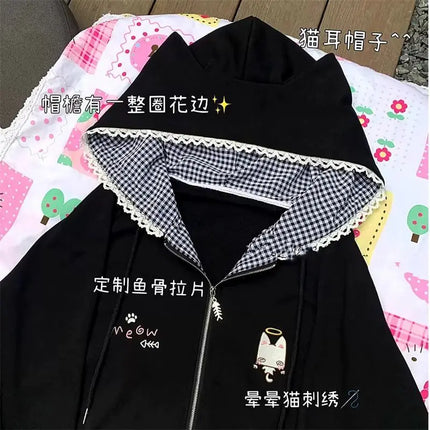 Zipper Hoodie Gothic Cartoon Kawaii Cat Ear Y2k Jacket Zip Up Thin Coat Spring Autumn Cute Core 2000s Clothes Fall Sweatshirts